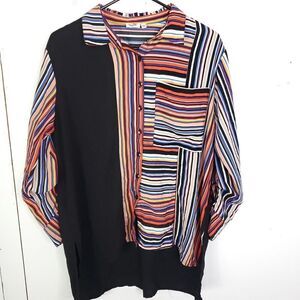 Symple NYC Top Womens L Button Down Mixed Media Striped Colorful High Low Hem